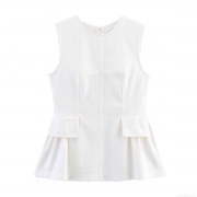 Women's Elegant Peplum Top Sleeveless Round Neck 100% Cotton Twill Blouse With Decorative Pocket Back Invisible Zipper Slim Fit Solid White Summer Street Style Shirt