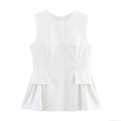 Women's Elegant Peplum Top Sleeveless Round Neck 100% Cotton Twill Blouse With Decorative Pocket Back Invisible Zipper Slim Fit Solid White Summer Street Style Shirt