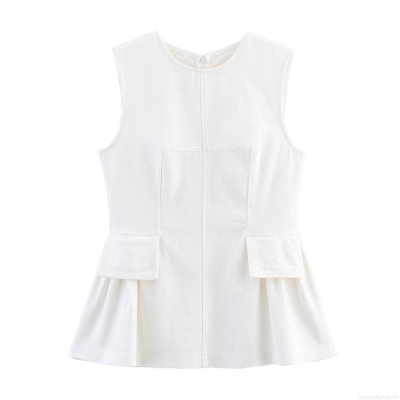 Women's Elegant Peplum Top Sleeveless Round Neck 100% Cotton Twill Blouse With Decorative Pocket Back Invisible Zipper Slim Fit Solid White Summer Street Style Shirt