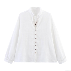 Women's European American Fashion Stand Collar Shirt With Fungus Edge Wooden Buttons Solid White Long Sleeve Polyester Blouse With Beaded Tie Neckline For Summer Casual Streetwear