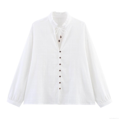Women's European American Fashion Stand Collar Shirt With Fungus Edge Wooden Buttons Solid White Long Sleeve Polyester Blouse With Beaded Tie Neckline For Summer Casual Streetwear