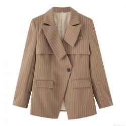 Women's Striped Blazer Jacket Loose Fit Long Sleeve Mid-Length Outerwear Polyester Camel Brown Casual Office Streetwear Fashion Ladies Suit Coat Top