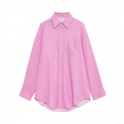 Women's Striped Long Sleeve Shirt Polyester Woven Fabric Lapel Collar Single Breasted Loose Fit Chic Streetwear Summer Casual Top For Women