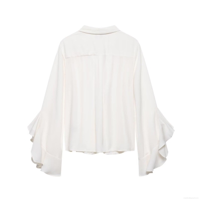 Women Elegant White Chiffon Blouse Bow Tie Neck Ruffle Batwing Sleeve Loose Shirt Top For Office Party Dating