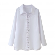 Women's Long Sleeve Blouse White Polyester Shirt With Lace-up Eyelet V Neck Loose Fit European American Streetwear Style Casual Top For Summer Spring
