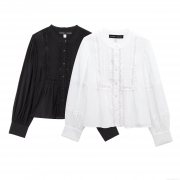 Women's Western Style Round Neck Solid Color Lace Patchwork Long Sleeve Blouse Elegant Pleated Button Down Shirt For Daily Party Women