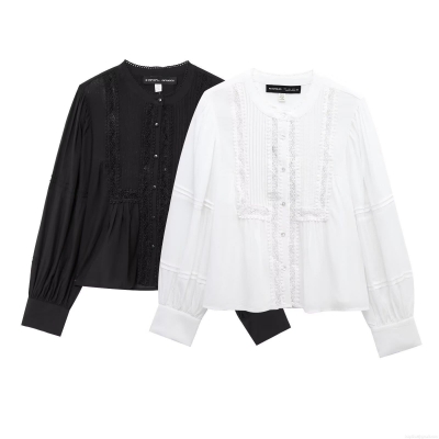 Women's Western Style Round Neck Solid Color Lace Patchwork Long Sleeve Blouse Elegant Pleated Button Down Shirt For Daily Party Women