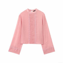 Women's Elegant Pleated Lace Trim Blouse Round Neck Long Sleeve Polyester Pullover Shirt Casual Solid Peach Pink Top For Ladies