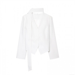 Women's Fashion White Scarf Neck Blazer Long Sleeve Single Breasted Woven Jacket Slim Fit Solid Casual Office Tops Streetwear