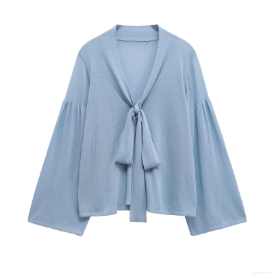 Women's Casual Mercerized Cotton Knit Blouse With V Neck Bow Tie Up Loose Fit Long Sleeve Top For Summer Fashion Streetwear