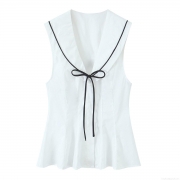 Women's Sleeveless Sailor Collar Blouse Contrast Trim Bow Tie Front Top Preppy Style Casual Streetwear Polyester Shirt For Summer