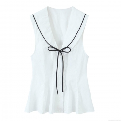 Women's Sleeveless Sailor Collar Blouse Contrast Trim Bow Tie Front Top Preppy Style Casual Streetwear Polyester Shirt For Summer