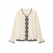 Women's Off White Long Sleeve Blouse Polyester Blend Black Floral Embroidery Round Neck Flare Sleeve Boho Vintage Casual Summer Top Elegant Ethnic Blouse
