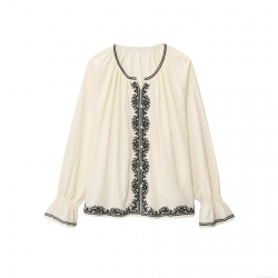 Women's Off White Long Sleeve Blouse Polyester Blend Black Floral Embroidery Round Neck Flare Sleeve Boho Vintage Casual Summer Top Elegant Ethnic Blouse