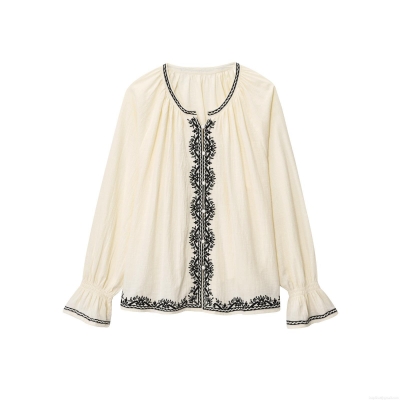 Women's Off White Long Sleeve Blouse Polyester Blend Black Floral Embroidery Round Neck Flare Sleeve Boho Vintage Casual Summer Top Elegant Ethnic Blouse