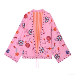 Women's Boho Embroidery Pink Cardigan Shirt Tie-Front Long Bell Sleeve Polyester Blouse Ethnic Floral Geometric Pattern Loose Outwear Streetwear Top