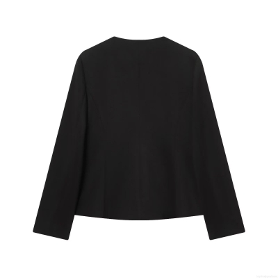 Women's Polyester Padded Shoulder Blazer Jacket Black Long Sleeve V Neck Single Breasted Gold Button Suit Coat For Work Office Streetwear Fashion