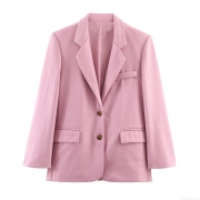 Elegant Pink Women's Oversized Notched Lapel Blazer Jacket Commuter Solid Color Single Breasted Long Sleeve Woolen Texture Outerwear Suit Coat