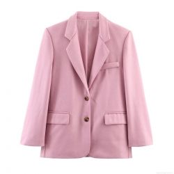 Elegant Pink Women's Oversized Notched Lapel Blazer Jacket Commuter Solid Color Single Breasted Long Sleeve Woolen Texture Outerwear Suit Coat