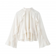 Women's Elegant High Neck Ruffle Blouse Long Sleeve Solid Color Layered Pullover Top Fashion Polyester Spandex Commuter Shirt