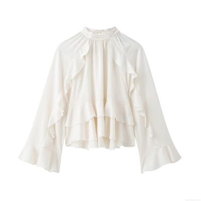 Women's Elegant High Neck Ruffle Blouse Long Sleeve Solid Color Layered Pullover Top Fashion Polyester Spandex Commuter Shirt