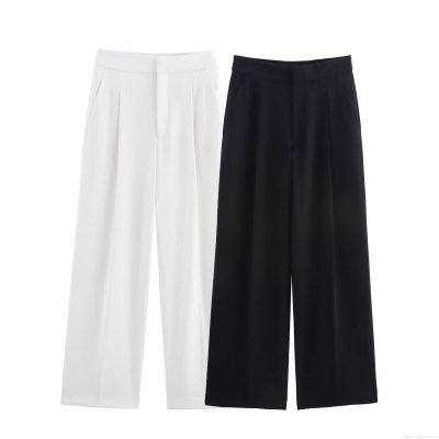 Women's High Waist Wide Leg Pleated Trousers Elegant Commute Casual Loose Straight Polyester Spandex Crepe Fabric Pants For Office Daily Ladies