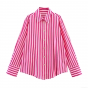 Women's Fashion Casual Linen Blend Striped Loose Long Sleeve Shirt Button Down Lapel Collar Mid-Length Breathable Blouse For Daily Wear