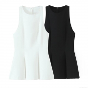 Women Elegant Sleeveless Peplum Top Round Neck Polyester Spandex Blend Solid Color Back Invisible Zipper Slim Fit Blouse For Office Commute Daily Wear