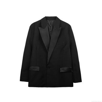 Women's Elegant Black Blazer Fashion Minimalist Loose Fit Suit Jacket With Satin Shawl Collar For Office Commuting Party Lady Outerwear