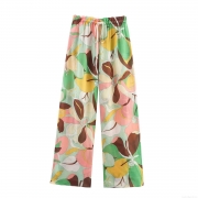 Women's Summer Casual Linen Wide Leg Pants Fashion Abstract Floral Printed Drawstring Elastic Waist Loose Trousers With Pockets