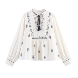 Women's Boho Embroidered Long Sleeve Blouse V Neck Tassel Lace Up Shirt Loose Casual Cotton Linen Polyester Top Off White Geometric Ethnic Style
