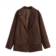 Women's Loose Faux Suede Blazer Jacket Elegant Lapel Button Front Long Sleeve Suit Outerwear Coat For Daily Office Autumn Winter Dark Brown