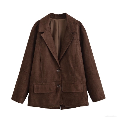Women's Loose Faux Suede Blazer Jacket Elegant Lapel Button Front Long Sleeve Suit Outerwear Coat For Daily Office Autumn Winter Dark Brown