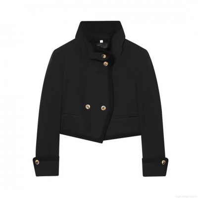 Women's Short Blazer Jacket 100% Polyester Stand Collar Gold Buttons French Retro Style Elegant Outerwear For Work Daily Casual