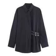 Women Autumn Minimalist Long Sleeve Poplin Shirt With Side Metal Buckle Belt Decor Loose Casual Polo Collar Blouse Tops