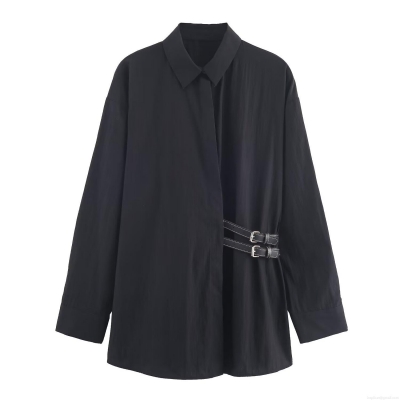 Women Autumn Minimalist Long Sleeve Poplin Shirt With Side Metal Buckle Belt Decor Loose Casual Polo Collar Blouse Tops
