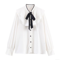 Women's Elegant Contrast Bow Tiered Decoration Blouse Long Sleeve Peter Pan Collar Polyester Spandex Blend Casual Shirt For Winter