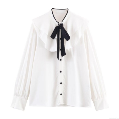 Women's Elegant Contrast Bow Tiered Decoration Blouse Long Sleeve Peter Pan Collar Polyester Spandex Blend Casual Shirt For Winter