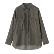 Women's Striped Tie Neck Blouse Casual Long Sleeve Polyester Spandex Shirt With Front Pockets Relaxed Fit Button Down Work Top For Spring Winter