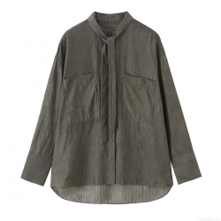 Women's Striped Tie Neck Blouse Casual Long Sleeve Polyester Spandex Shirt With Front Pockets Relaxed Fit Button Down Work Top For Spring Winter