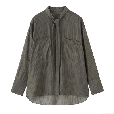 Women's Striped Tie Neck Blouse Casual Long Sleeve Polyester Spandex Shirt With Front Pockets Relaxed Fit Button Down Work Top For Spring Winter