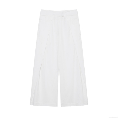 Women's Minimalist Wide Leg Pants Fashion Solid Color Pleated Full Length Trousers Office Commuting Daily Casual Loose Mid Waist White Polyester Pants