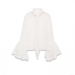 Elegant White Lace Blouse With Flared Sleeves Vintage Tie Neck Hollow Out Long Sleeve Shirt For Women Sexy Mesh See Through Party Tops