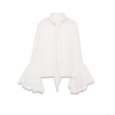 Elegant White Lace Blouse With Flared Sleeves Vintage Tie Neck Hollow Out Long Sleeve Shirt For Women Sexy Mesh See Through Party Tops