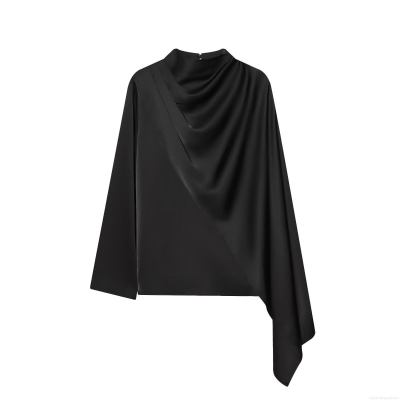Elegant Women's Satin Asymmetrical Draping Top Long Sleeve Stand Collar Solid Color Office Party Blouse Loose Fit Silky Shirt
