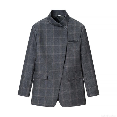 Women Plaid Blazer Jacket Retro Asymmetrical Stand Collar Acrylic Blend Button Commuter Suits Outerwear For Office Daily Women Fashion