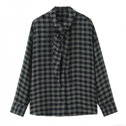 Women's Fashion Plaid Long Sleeve Tie Neck Blouse Elegant Button Down Polyester Shirt For Office Daily Wear Casual Spring Autumn Tops