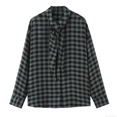 Women's Fashion Plaid Long Sleeve Tie Neck Blouse Elegant Button Down Polyester Shirt For Office Daily Wear Casual Spring Autumn Tops