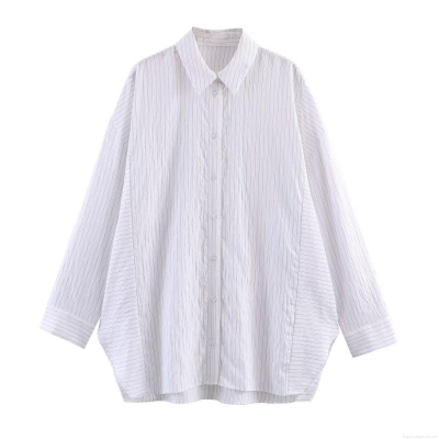 Women's Oversized Striped Shirt Polyester Long Sleeve Button Down Blouse Casual Loose Fit Lapel Collar Top for Ladies Spring Office Daily Wear
