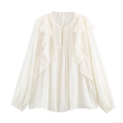 Women French Romantic White Chiffon Blouse Long Lantern Sleeve Ruffle Layered Pleated Button Down Shirt Elegant Lady Office Party Top